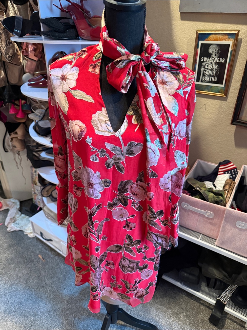 Alice + Olivia Red Floral Midi Dress with Bow Neck